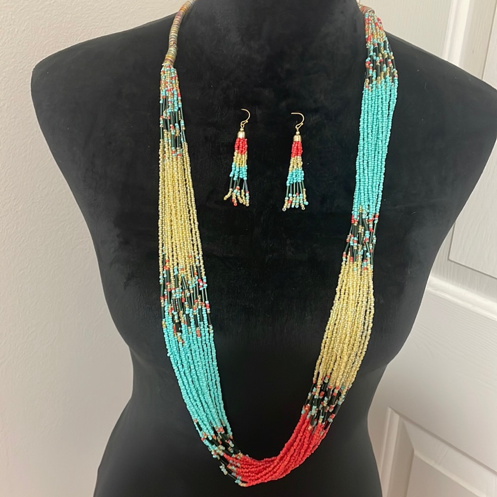 🎉❤️ NEW Boho Long Multicolor Beaded Necklace Earring Set
